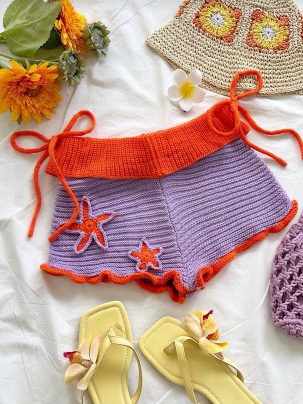 Hand-Knit Lavender and Orange Tie-Waist Beach Shorts